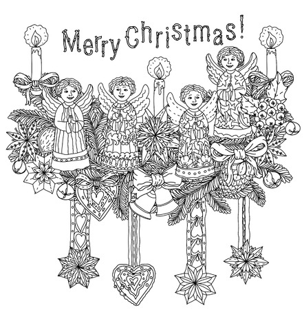 doodle Merry Christmas, lettering Greeting Card design .illustration.line illustration.Sketch for postcard or print or coloring adult anti stress book.Boho zen art style.のイラスト素材
