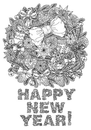 doodle christmas Happy New Year, lettering Greeting Card design .illustration. line illustration.Sketch for postcard or print or coloring adult anti stress book.Boho zen art style.のイラスト素材