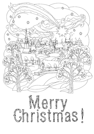 doodle Merry Christmas, lettering Greeting Card design .illustration.  line illustration.Sketch for postcard or print or coloring adult anti stress book.Boho zen art style.のイラスト素材