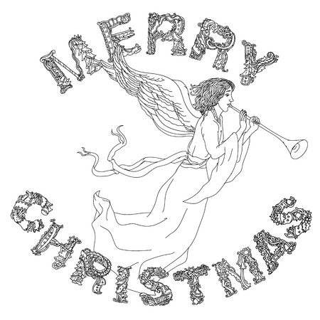 doodle Merry Christmas angel, lettering Greeting Card design.illustration.  line illustration.Sketch for postcard or print or coloring adult anti stress book. Zen art style.のイラスト素材
