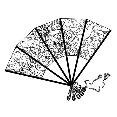 fan decorated by floral patterns for adult coloring book. Black and white. Uncolored illustration. The best for your design, textiles, posters, adult coloring bookのイラスト素材