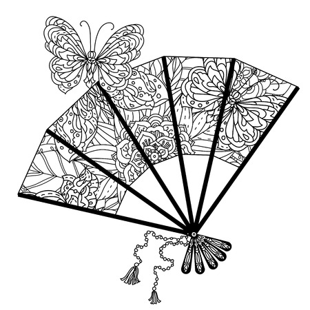 fan decorated by floral patterns for adult coloring book. Black and white. Uncolored illustration. The best for your design, textiles, posters, adult coloring bookのイラスト素材