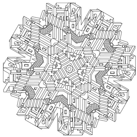 contoured mandala shape as labyrinth of paths, houses, walls and stairs, design in puzzle style. Hand-drawn, doodle, vector, mandala style, detailed circle symmetry for Adult coloring book.のイラスト素材