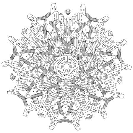 contoured drawing of a non-existent unreal city maze in mandala shape with houses, walls and stairs. Hand-drawn, doodle, vector, mandala style, detailed circle symmetry for Adult coloring book.のイラスト素材