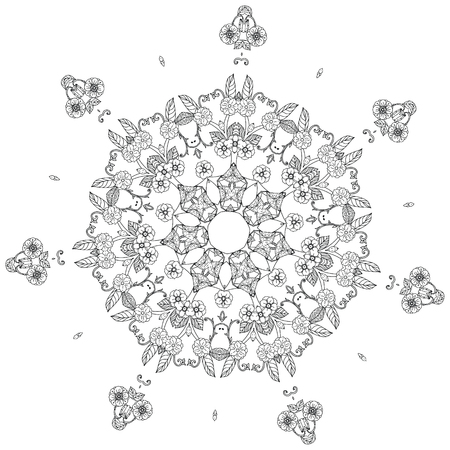 contoured asian style flowers in mandala shape. zen style picture for anti stress drawing or colouring book. Hand-drawn, retro, doodle, vector, for coloring book, poster or card designのイラスト素材