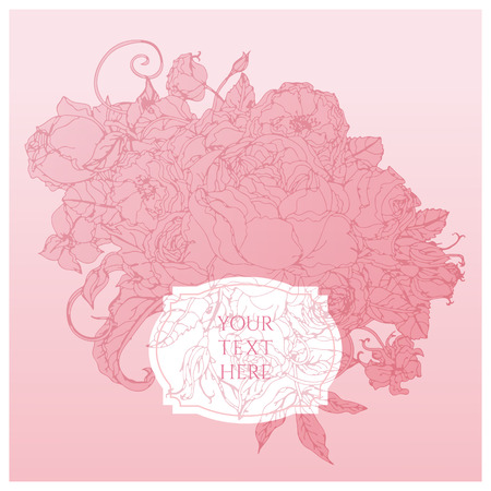 Luxurious pink rose flower and leaves greeting card with a paperのイラスト素材