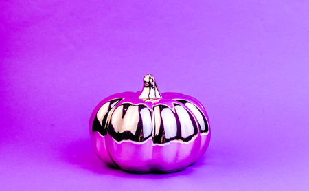 shiny silver glass pumpkin purple background. High quality photoの写真素材