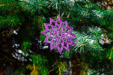 decorative new year wooden christmas decorations on green fir branches. High quality photoの写真素材