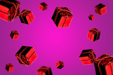 small gift red christmas boxes levitation on multicolor background 2022. High quality photoの写真素材