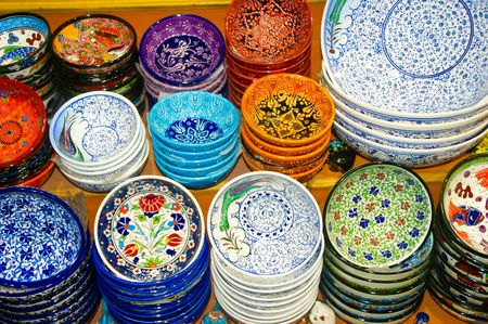 Hand decorated plates on the shelves of the grand bazaarの写真素材