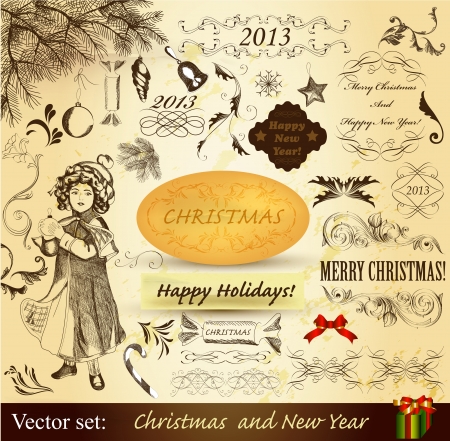 Decorative elements for elegant Christmas design  Calligraphic vectorのイラスト素材