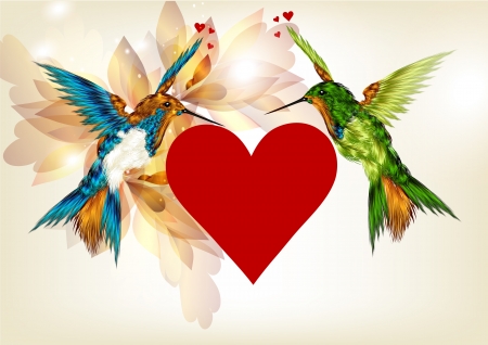 Couple of hummingbirds flying around big red heartのイラスト素材