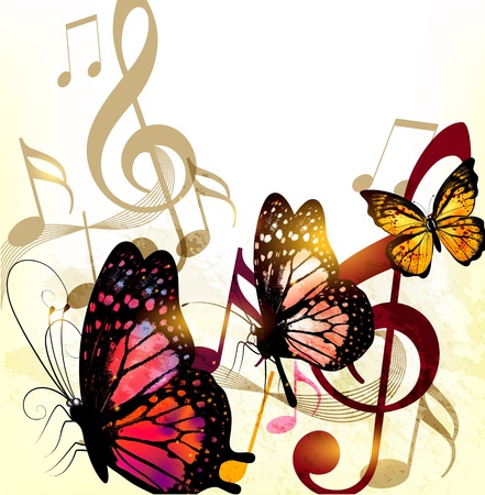 Grunge  fashion music background with butterflies and notesのイラスト素材