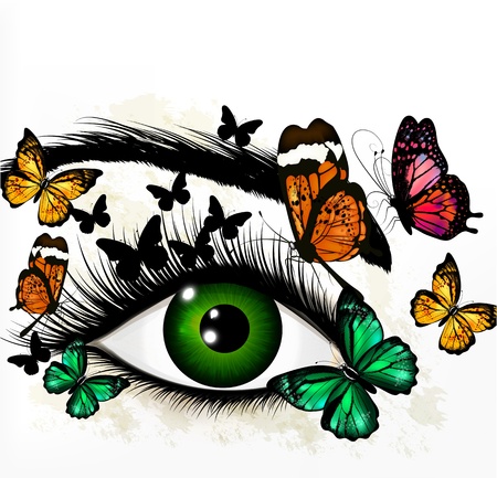 Artistic fashion conceptual background with green eye and butterfliesのイラスト素材