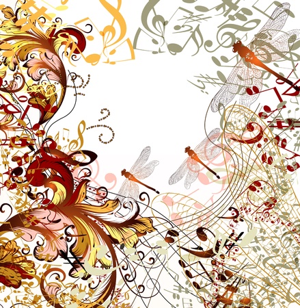 conceptual music background with dragonfly, ornament and notesのイラスト素材