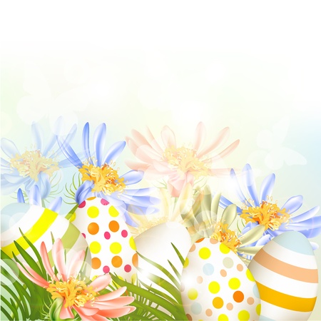 Cute Easter outdoor background with clear space, grass and eggsのイラスト素材