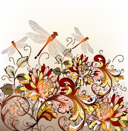 Beautiful floral background with colorful ornament and dragonflyのイラスト素材