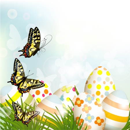 Cute Easter outdoor background with clear space, grass and eggsのイラスト素材