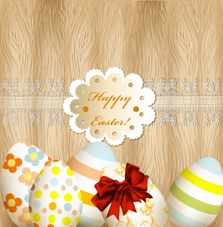 Easter greeting card with eggs on a hard wooden textureのイラスト素材