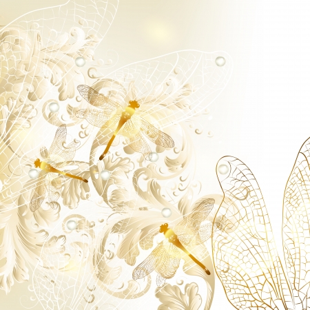 Cute wedding background with ornament and dragonflyのイラスト素材