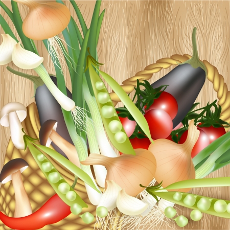 Mix of vegetables eggplant, tomato, onion, pears  and mushrooms on wooden textureのイラスト素材