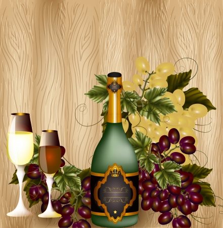 Composition with  bottle of wine and grapes on hardwood background のイラスト素材