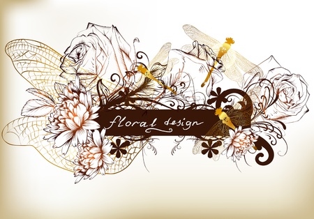 Hand drawn vector background with flowers, leafs and butterflies のイラスト素材