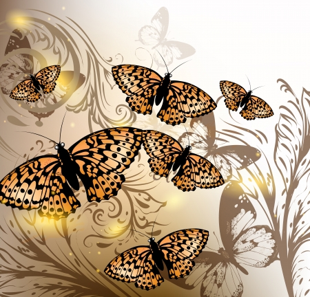 Elegant vector background with orange butterflies and swirl ornamentのイラスト素材