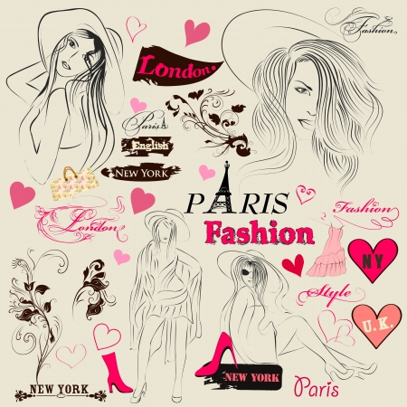 Vector set of sketch with young fashion girls for designのイラスト素材