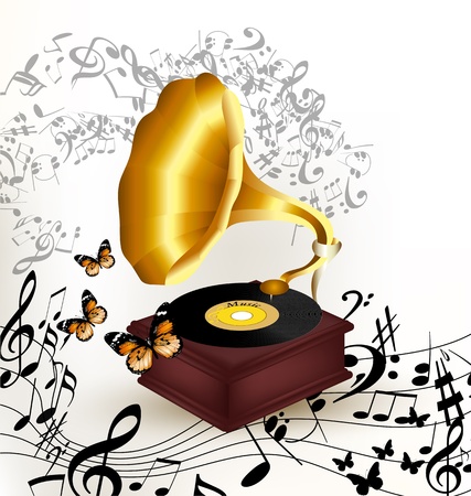 Creative vector background with old gramophone and notes on whiteのイラスト素材