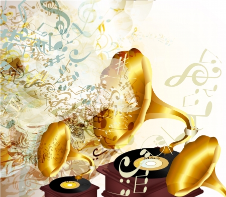 Creative vector background with old gramophone and notes のイラスト素材