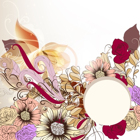 Vintage vector background with banner, hand drawn flowers and space for textのイラスト素材