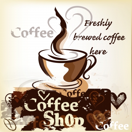 Coffee  vector poster  with hand drawn cups, signatures and hearts for designのイラスト素材