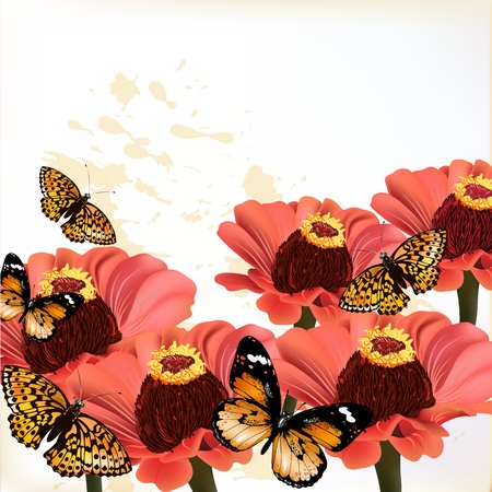 design with red flowers and butterflies for designのイラスト素材