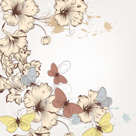 Fashion vector background with pastel butterflies and hand drawn flowersのイラスト素材