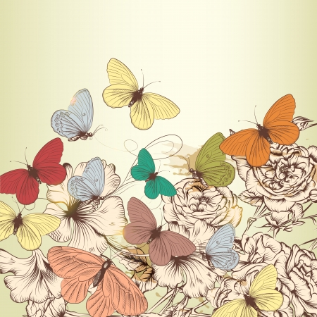 Elegant vector background with pastel butterflies and hand drawn rosesのイラスト素材