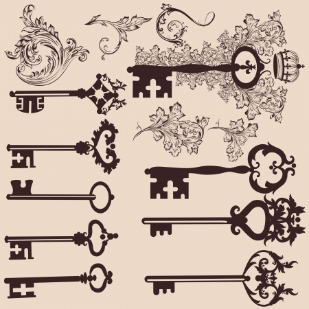 Vector set of filigree keys  for design. Calligraphic vectorのイラスト素材