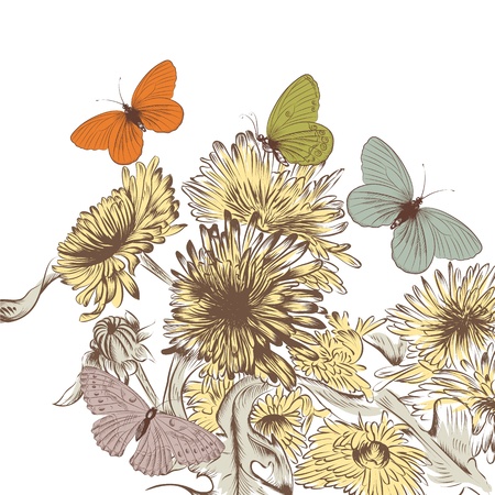 Fashion vector background with pastel butterflies and hand drawn flowersのイラスト素材