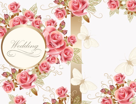 Wedding greeting card with pink roses in vintage style for designのイラスト素材