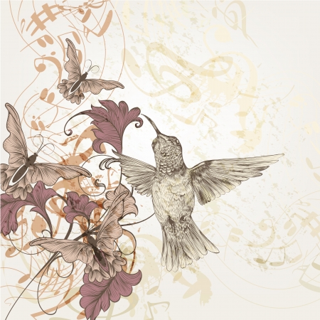 Vector pattern with butterflies, birds and music notesのイラスト素材