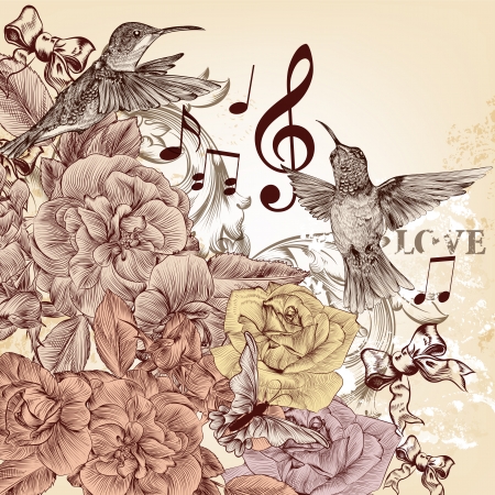 Fashion vector background with detailed hand drawn flourishes and birdsのイラスト素材