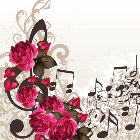 Floral vector background with roses and music elementsのイラスト素材