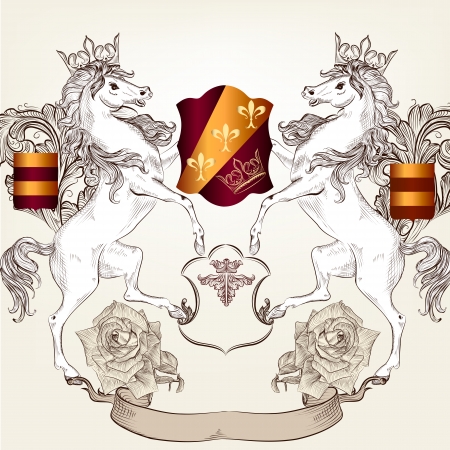 Vector heraldic illustration in vintage style with shield, armor, crown and horses for designのイラスト素材