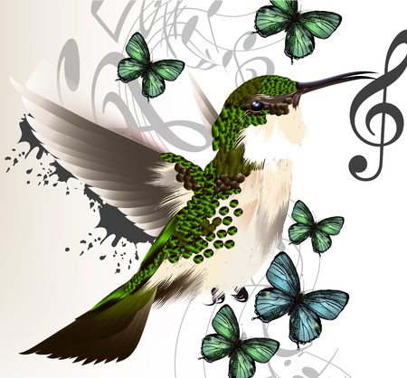 Vector illustration with realistic humming bird  and notes for desigのイラスト素材