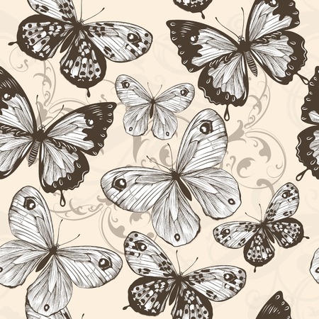 Fashion vector seamless pattern  with monochromic butterflies のイラスト素材