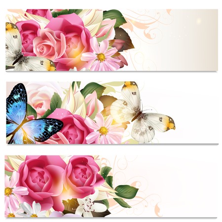Set of floral brochures with  flowers and butterflies for designのイラスト素材