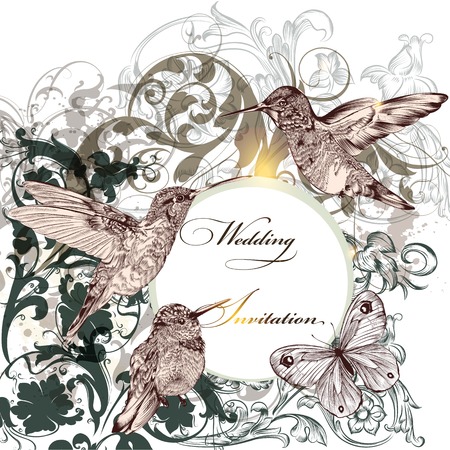 Fashion vector background with detailed hand drawn flourishes and birdsのイラスト素材