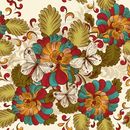 Vintage seamless wallpaper with swirls and hand drawn flowersのイラスト素材