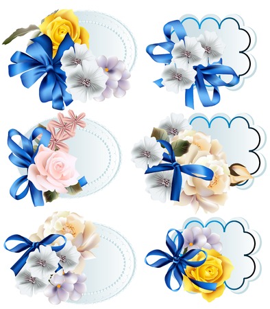 Set of vector labels in vintage Victorian style with flowers and bowsのイラスト素材
