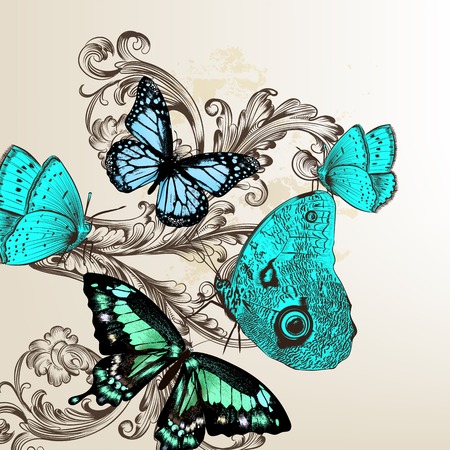 Vector illustration with hand drawn butterfliesのイラスト素材